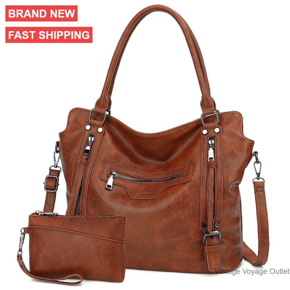 Large Vegan Leather Hobo Bag with Adjustable Strap, Multiple Pockets, Fits